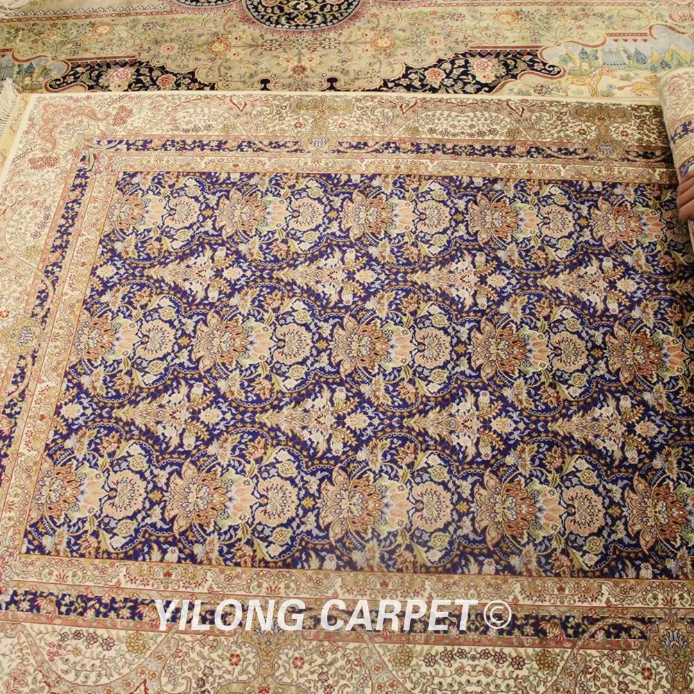 

Yilong 4'x6' Traditional blue turkish carpet hand knotted hand made turkish silk rug (ZQG039A4x6)