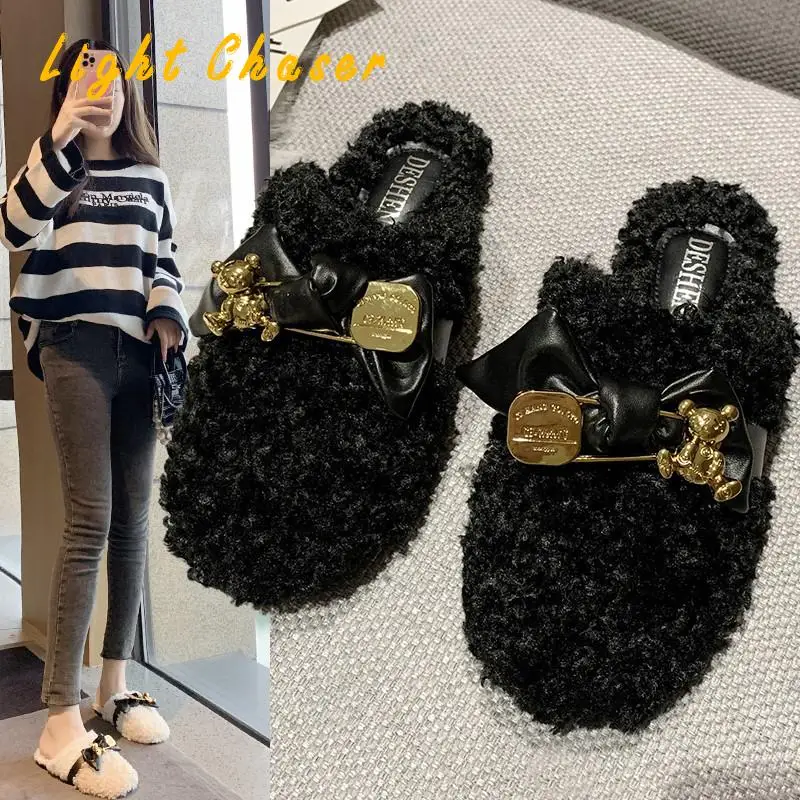 2021 New Fashion Women Casual Slippers Floor Slipper Short Plush Fleece Flat Black Lady Indoor Slippers Winter Women's Slippers