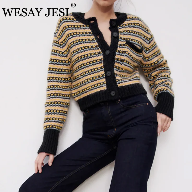 

WESAY JESI ZA 2021 Women's Sweater Vintage Knitted Yellow Striped Patch Pocket Long Sleeve Top Single Breasted Slim Chic Coats