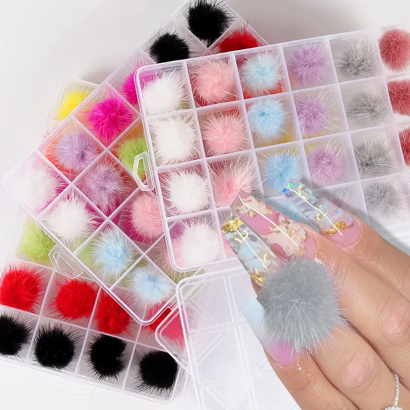 

24pcs Plush Nail PomPom Cute Fur Fluffy Balls With Magnets Nail Charms Decorations Jewelry Manicure Kawaii Accessories