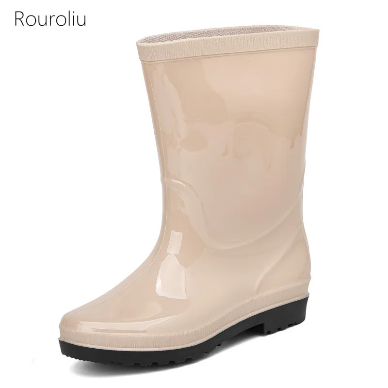 Women Outdoor Mid-Calf Rain Boots Light Comfort Work Water Boots Female Non-slip Waterproof PVC Shoes Flat Platform Rainboots