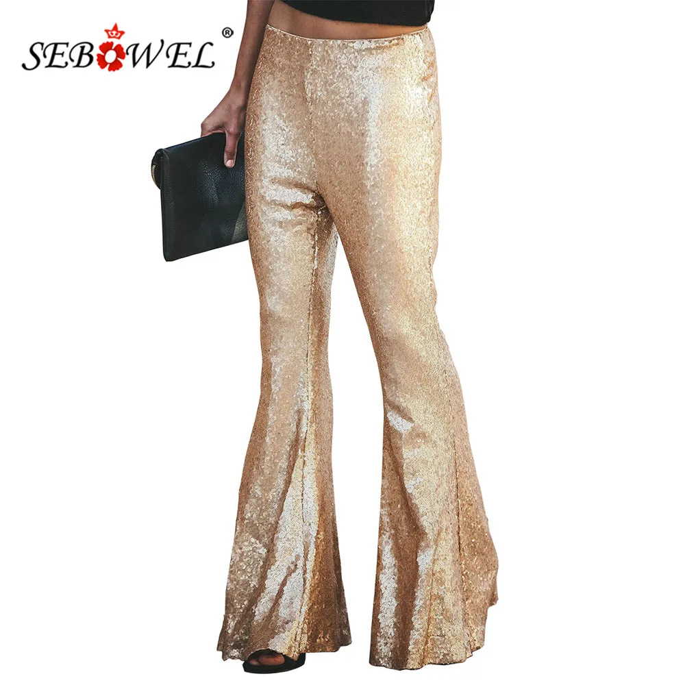 

SEBOWEL Sequin Bell Bottom Fashion Pants Woman High Waist Flares 2021 Autumn Winter Female Casual Solid Shining Long Bottoms XL