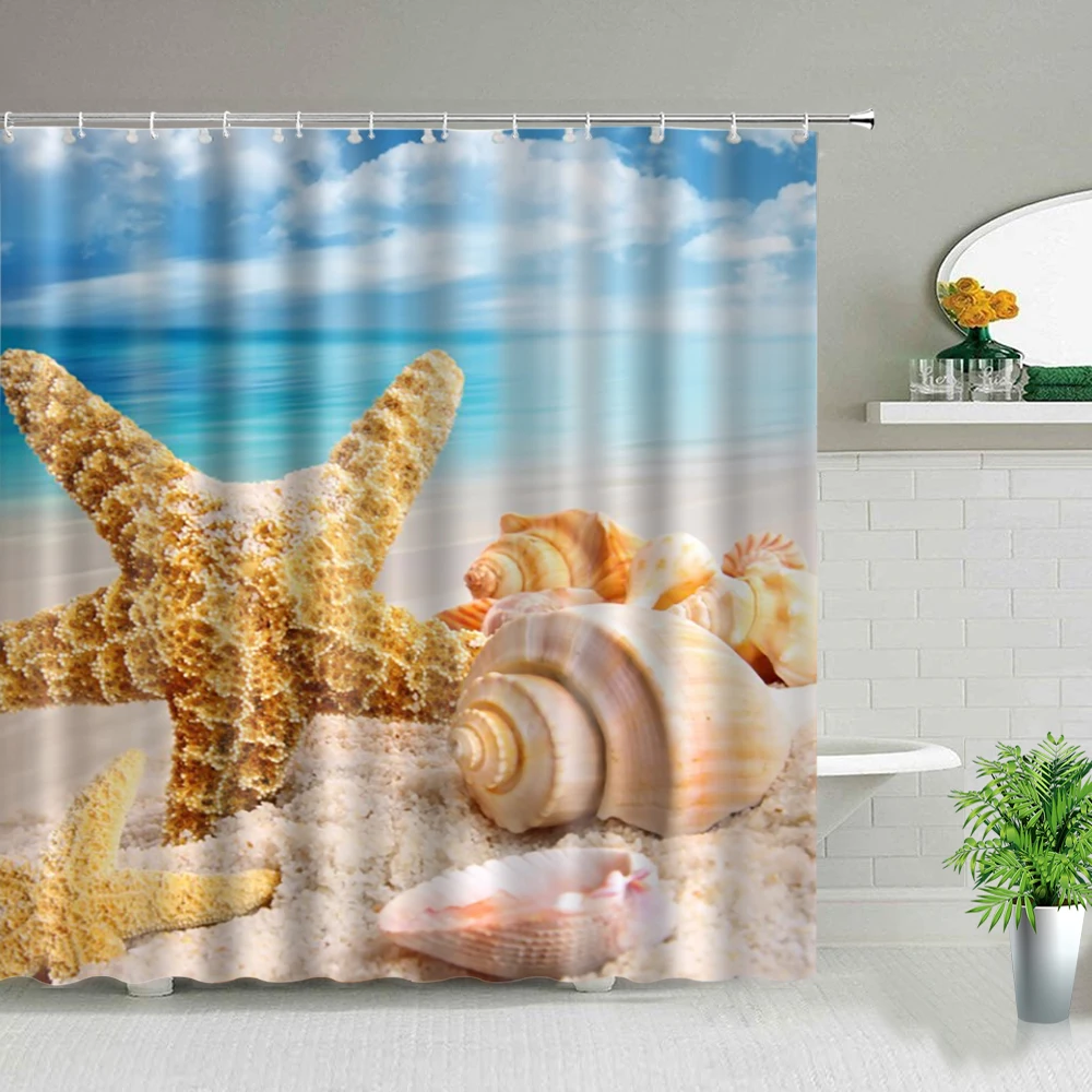 

Seaside Scenic Shower Curtains Beach Shells Landscape Bathroom Curtain Waterproof Polyester Frabic Bathtub Decor Bath Curtains