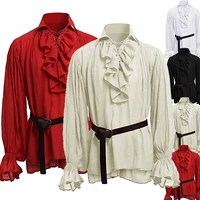 mens medieval shirts poets renaissance costume viking pirate captain lace up ruffle tops sand collar shirt