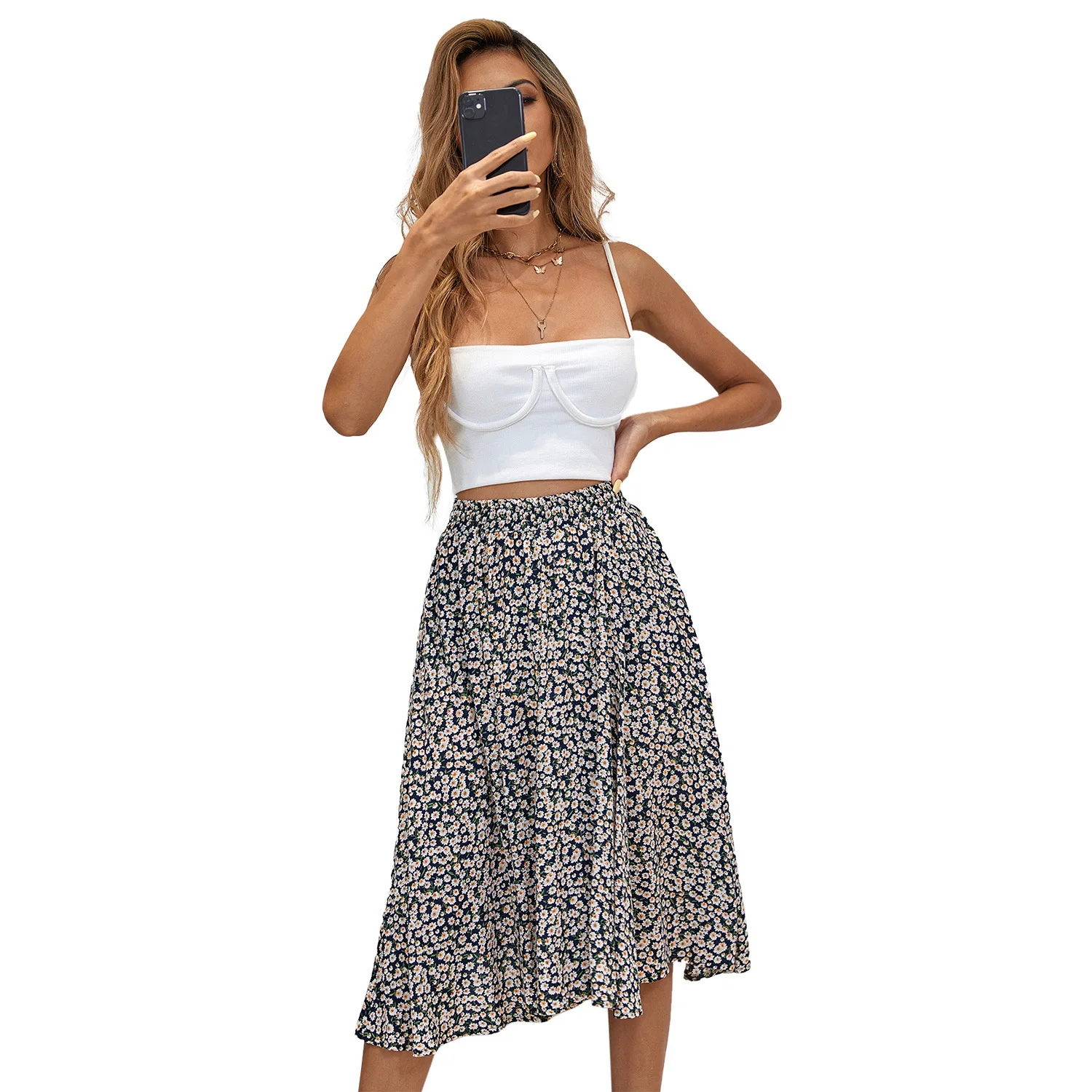 

JLI MAY Summer Floral Midi Split Skirts Women High Waist Korean Style A-LINE Mini Skirt Casual Fashion