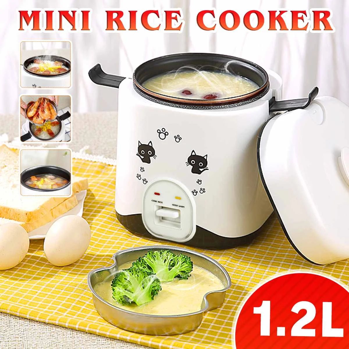 

Warmtoo Multifunctional 1.2L Mni Rice Cooker Household Steamer Cooking Pot Non-Stick Inner Easy to Clean Soup Porridge Cooker
