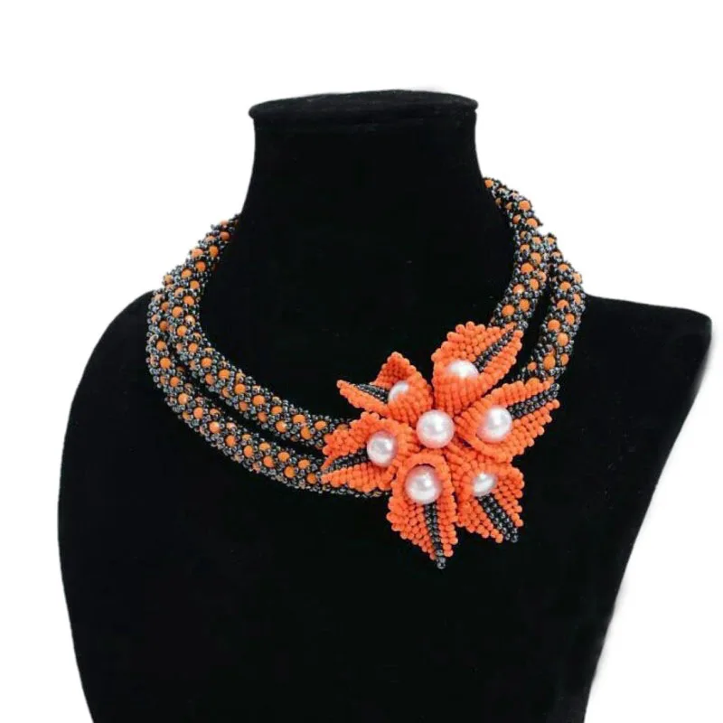 

Dudo African and Nigerian Wedding Jewelry Set 2 Layers Necklace With Big Beaded Flower Bracelet and Earrings Set Free Shipping