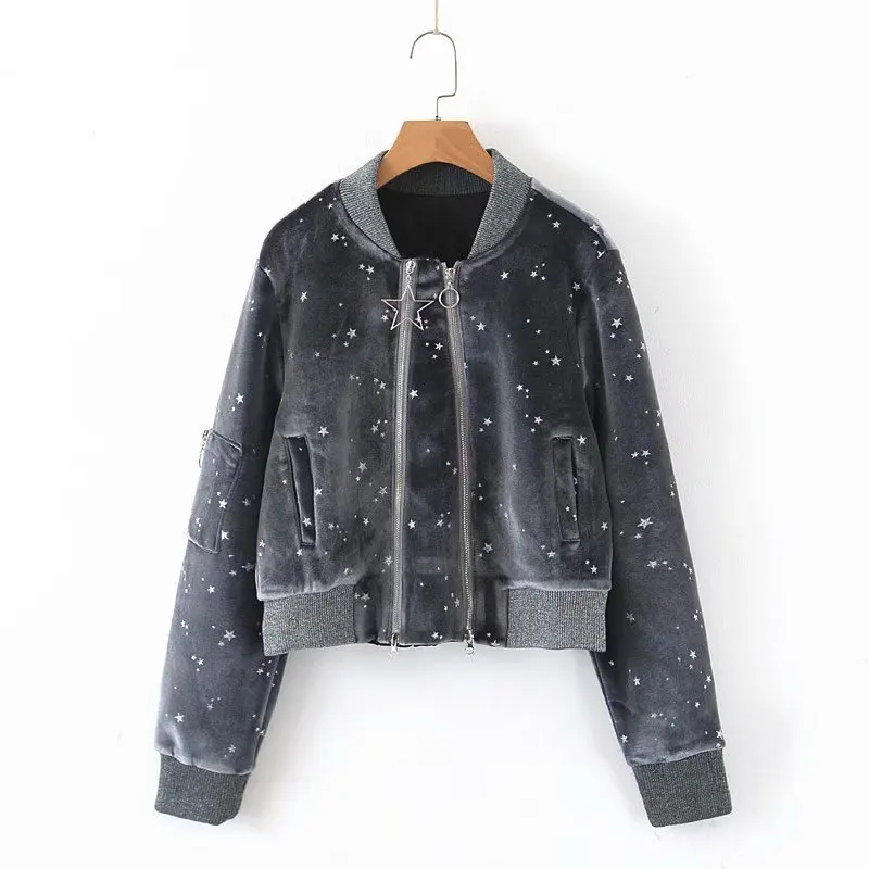 2019 осенние женские куртки Новое просторное с воротником-стойкой серое бархатное