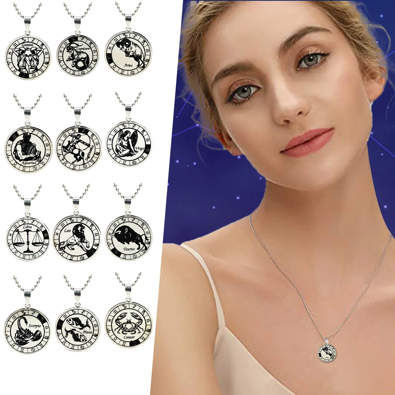 12 созвездий резные серебряный кулон женский ожерелье ювелирные изделия подарок