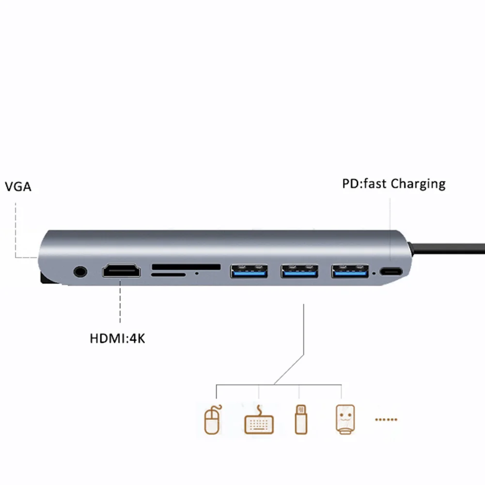 

4K VGA Multifunction Type C To VGA 9 In 1 Hub Dock Data Transmission PD 3 USB3.0 Adapter Slot Audio for MacBook