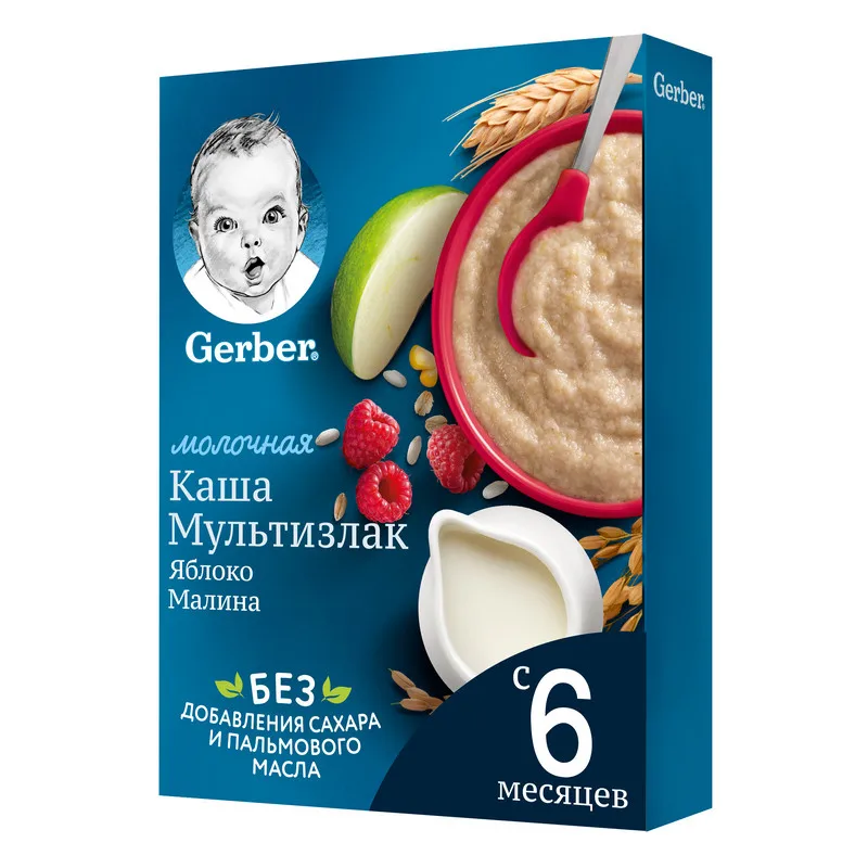 Каша Gerber молочная мультизлаковая с яблоком и малиной 6 мес 180г