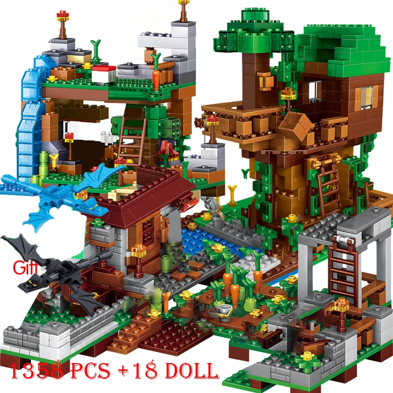 

17 Style Mine Farm Mountain Cave Waterfall Village Jungle TreeHouse Figures My World Bricks Set Model Building Blocks Toys Gifts