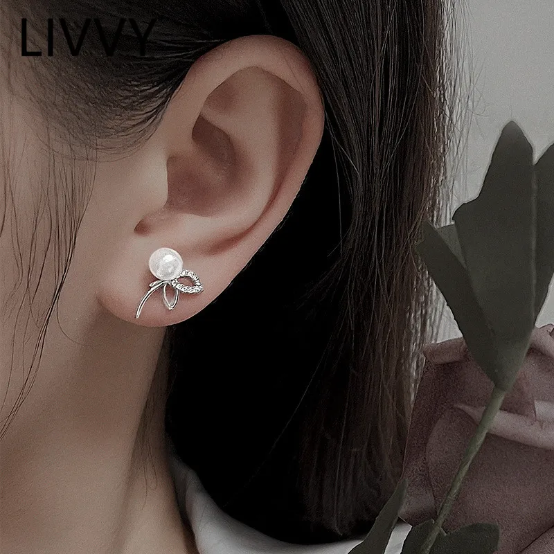 

LIVVY Silver Color Pearl Zircon Butterfly Stud Earrings For Women Crystal Zircon Fashion Jewelry Party Gifts