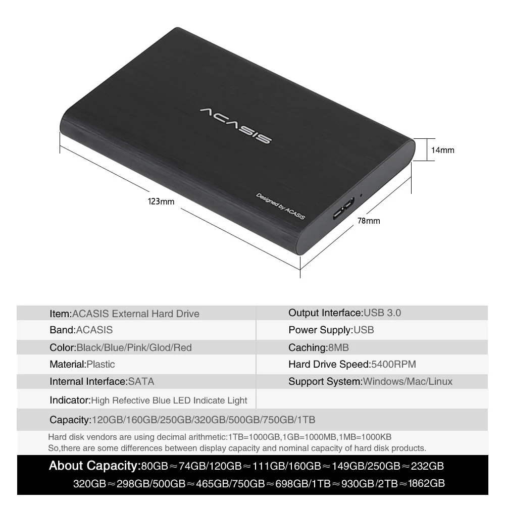 Внешний жесткий диск ACASIS 80 1000 ГБ USB 2 5 устройства для хранения высокоскоростных