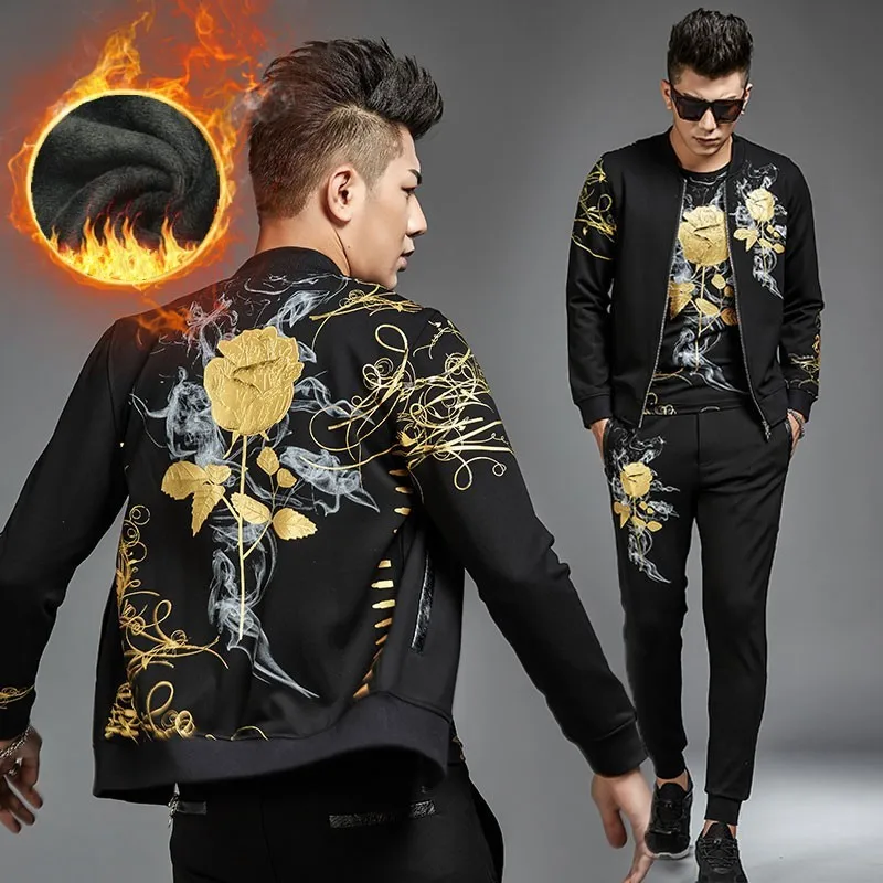 

Winter Mens Plus Size Casual Sport Printed 3Pcs Sets Fashion Long Sleeve Zip O-Neck Jackets Drawstring Waist Full Length Pants