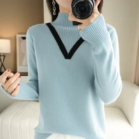 color blocking half high collar womens autumn and winter new pure wool all match temperament knitted sweater bottoming shirt