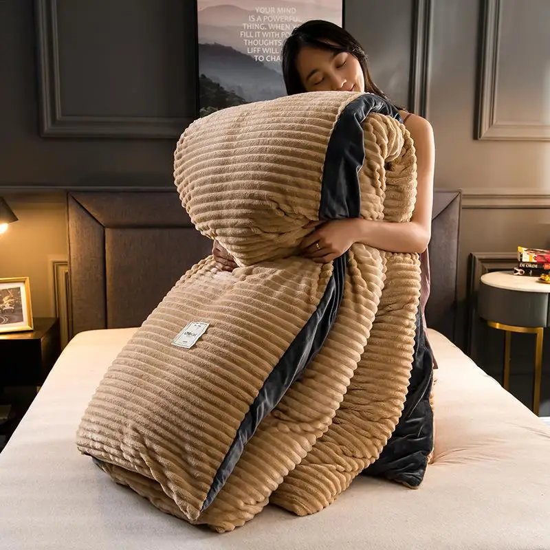 

46Flannel fleece winter duvet cover Magic fleece quilts cover stripe bedding Solid warm comforter cover Velvet bed cover blanket