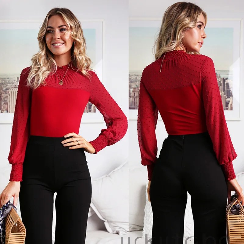 Сексуальное Женское боди с длинным рукавом и высоким воротником сетчатый