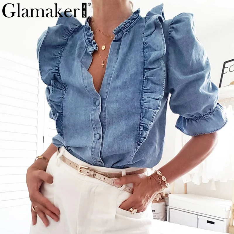 Glamaker джинсовая пышная синяя блузка с оборками и рукавом средней длины Элегантная