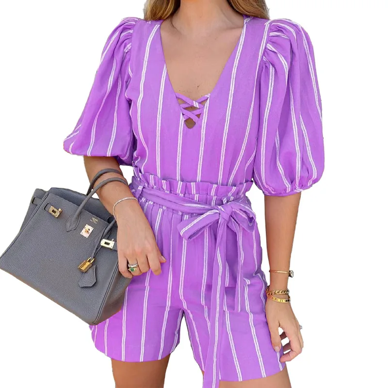 

Women Casual Comfortable Two Piece Suit V Neck Short Lantern Sleeve Striped Slim Lacing Bow High Waist Daily Travel Style Summer
