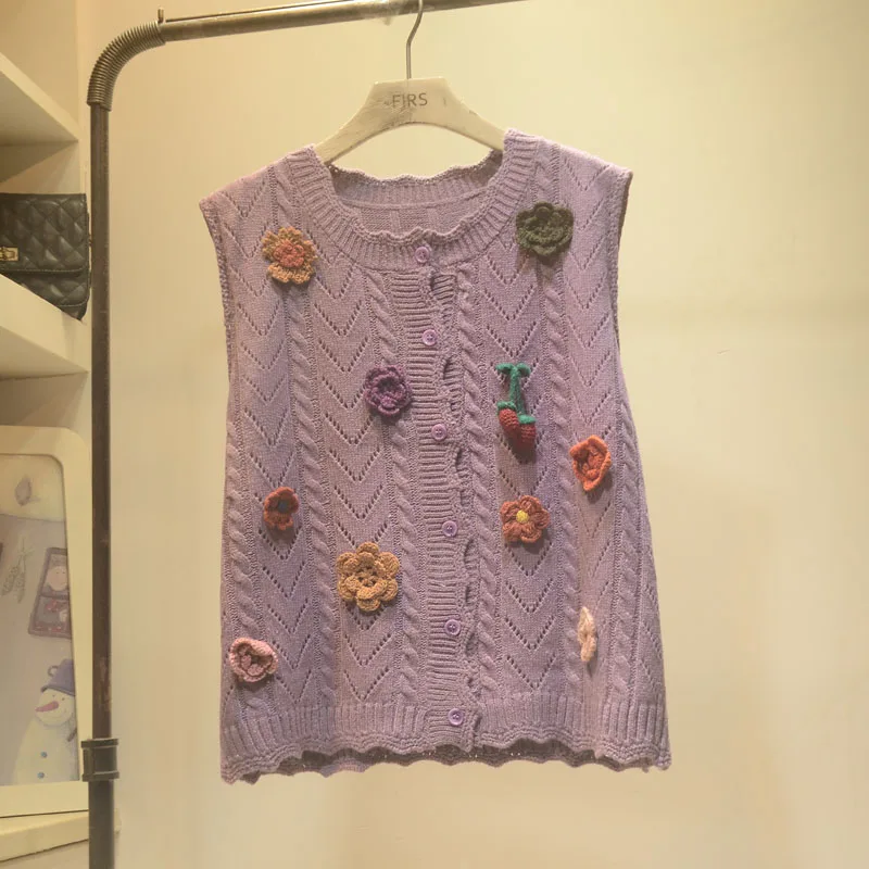 

Autumn Winter Japan Style Sweet Cute Sweater Vest Mori Girl Three-dimensional flowers Sleeveless Loose Women Sweaters