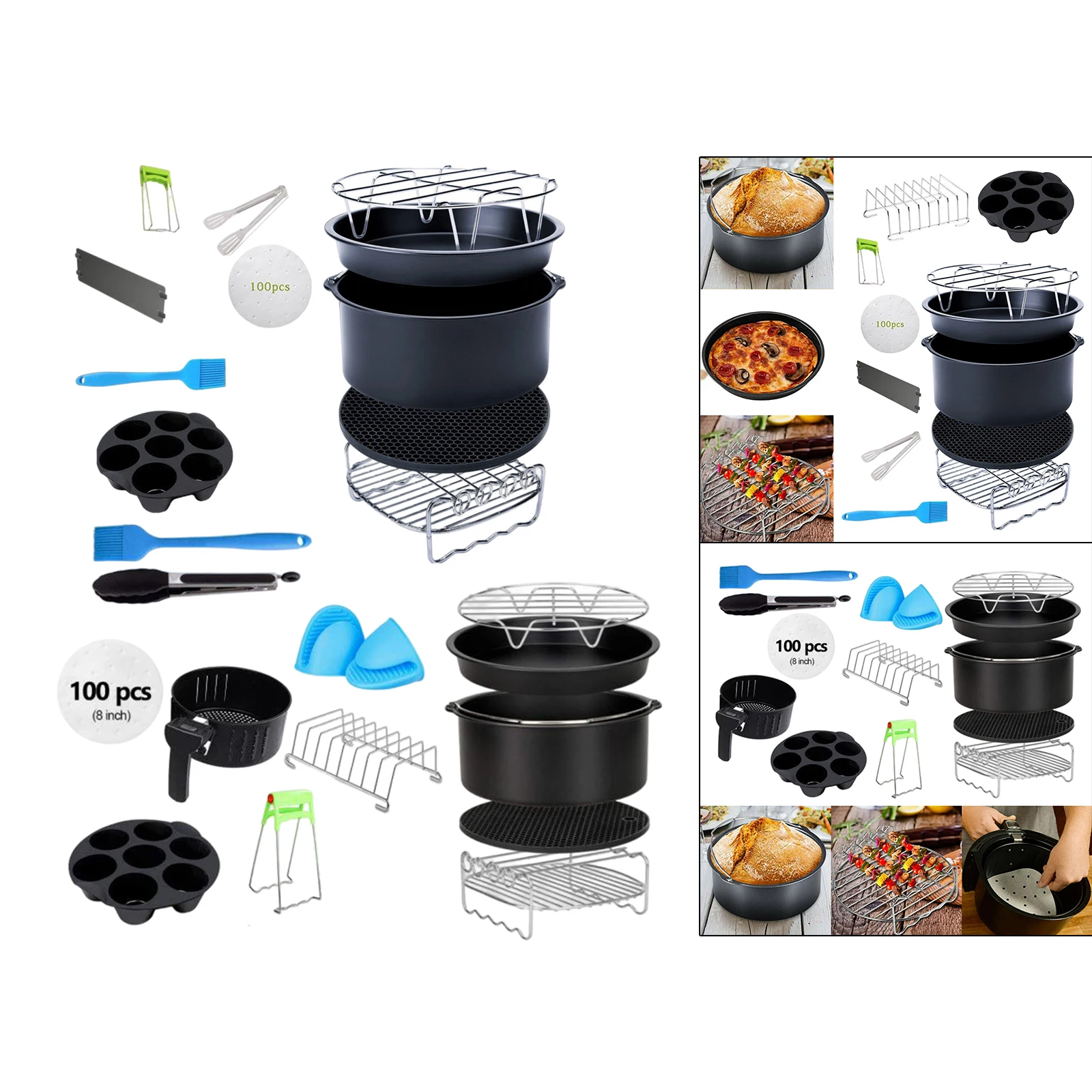 

Air Fryer Accessories 12PCS, with 8 Inch Cake Pan, Pizza Pan, Silicone Cake Cups, Skewer Rack, Parchment Paper