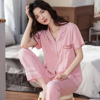 spring and summer fashion bordered printed short sleeved pajamas womens simulation silk thin section ladies home service suit