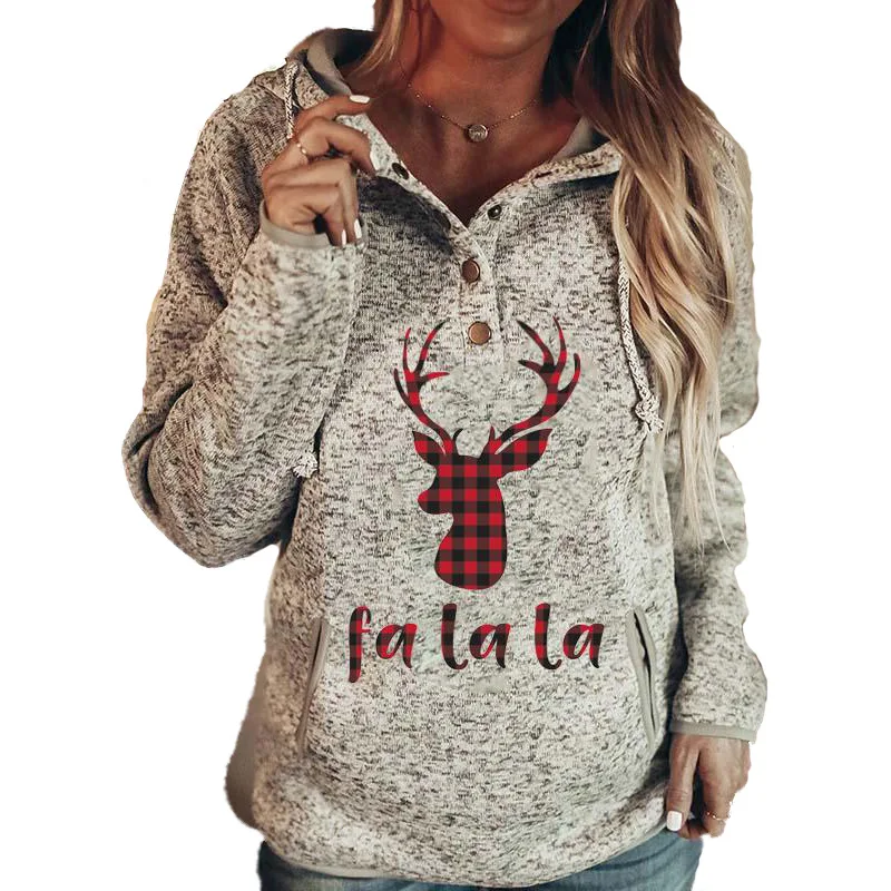 

Women Casual Christmas Hoodie Long Sleeves Buttons Collar Pockets Sweatshirt Elk Print Pullover Tops 2021