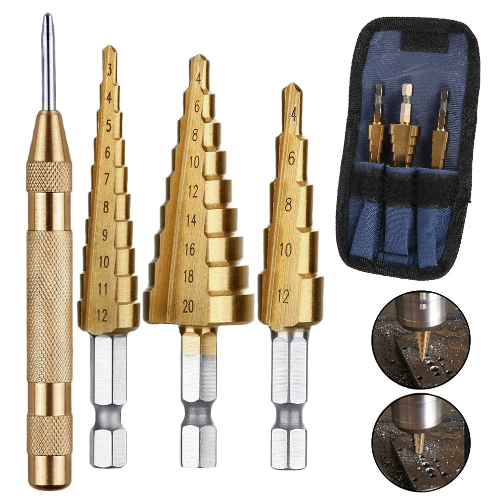 

4pcs/set HSS Step Drill Bit 3-12 4-12 4-20 Straight Groove Step Drill Woodworking Metal Tools Hole Cutter Drilling Herramientas