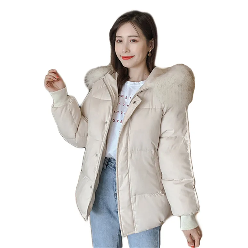 

Winter Coat Women Loose 2020 New Korean Fashion Thick Warmth Down Cotton Jacket White Plus Size Fur Hooded Parka Feminina