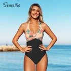SEASELFIE Цветочный купальник с лямкой на шее сзади цельный женский сексуальный Монокини с V-образным вырезом и открытой спиной купальник 2022 купальный костюм Пляжная одежда