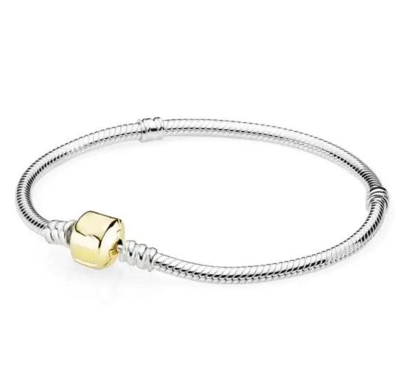 

Authentic 925 Sterling Silver Gold Color Barrel Clasp Basic Snake pandora Bracelet Bangle Fit Women Bead Charm DIY Jewelry