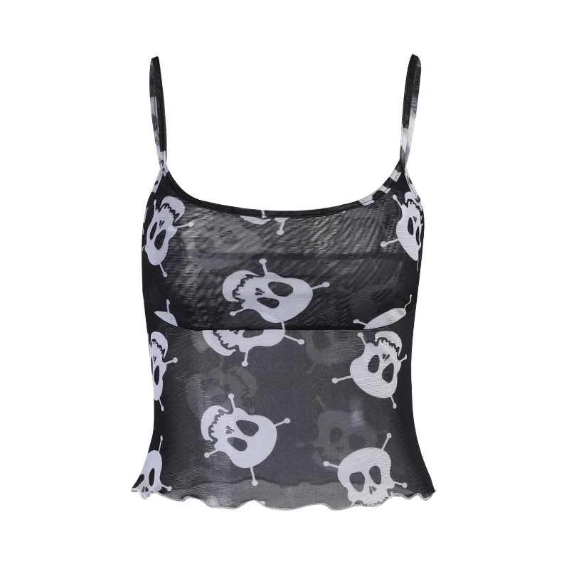 

InsDoit Mesh Camis Sexy Corset Skull Print Black Mall Goth Camisole Women Streetwear Crop Top Summer Backless Sleeveless Tops