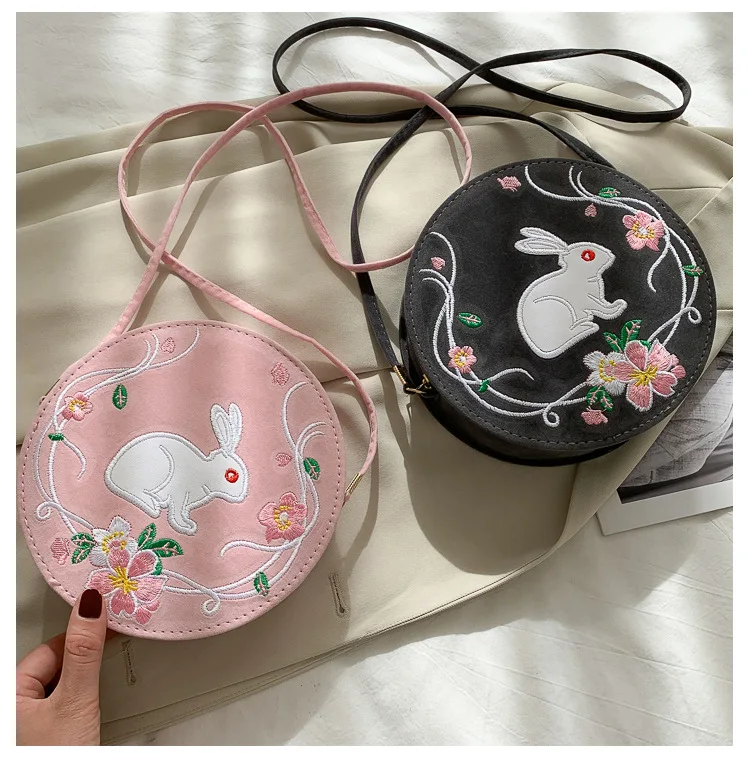 

Mother Daughter Shoulder Bag Cute Embroidery Crossbody Pack Easter Round Floral Rabbit Holiday Travel Large Capacity Velvet Bag