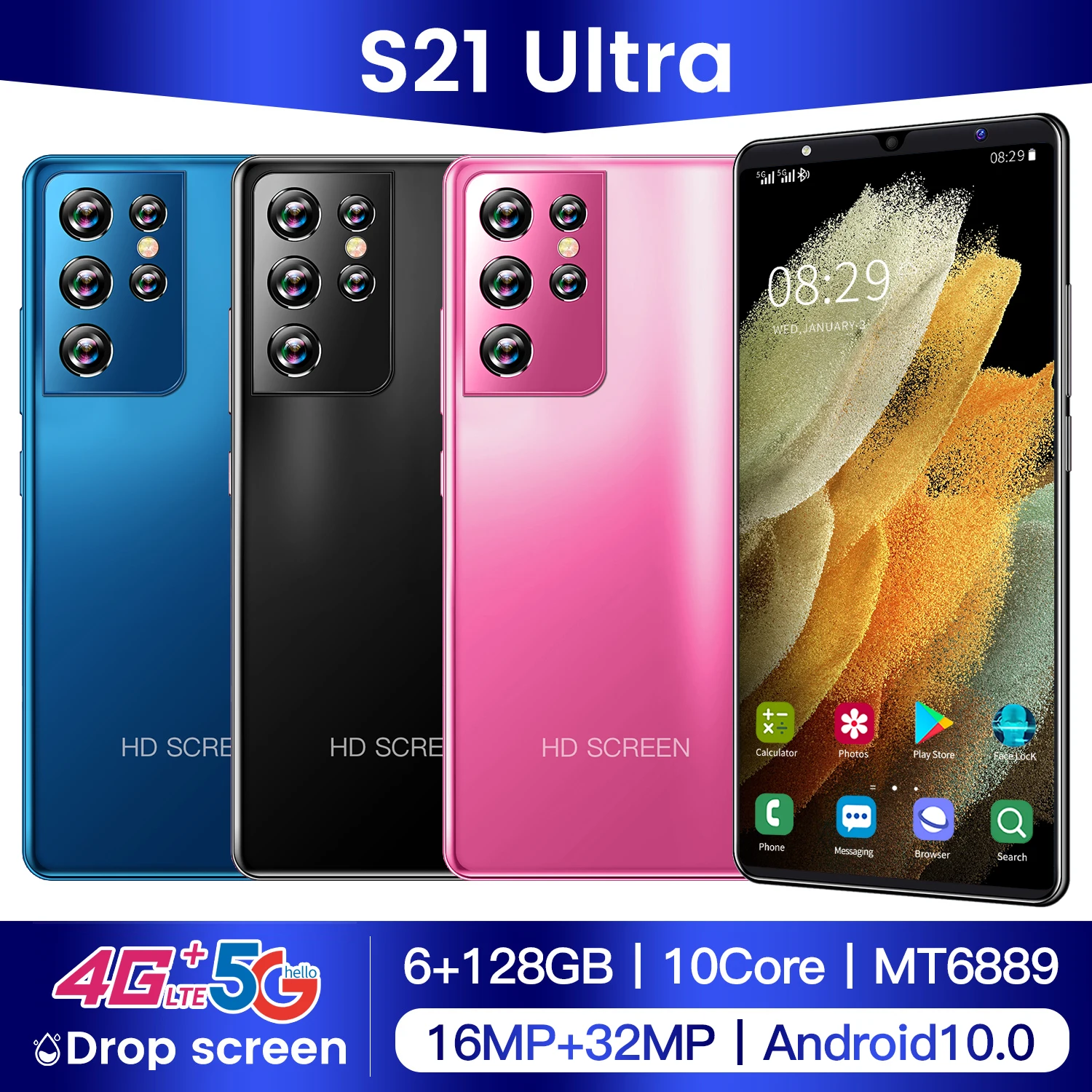 

SANSUMG Galax S21 Ultra 5G Smartphone Top Selling Android10 Deca Core Mobile Phone 4G LTE Dual SIM Fingerprint ID Cellphone
