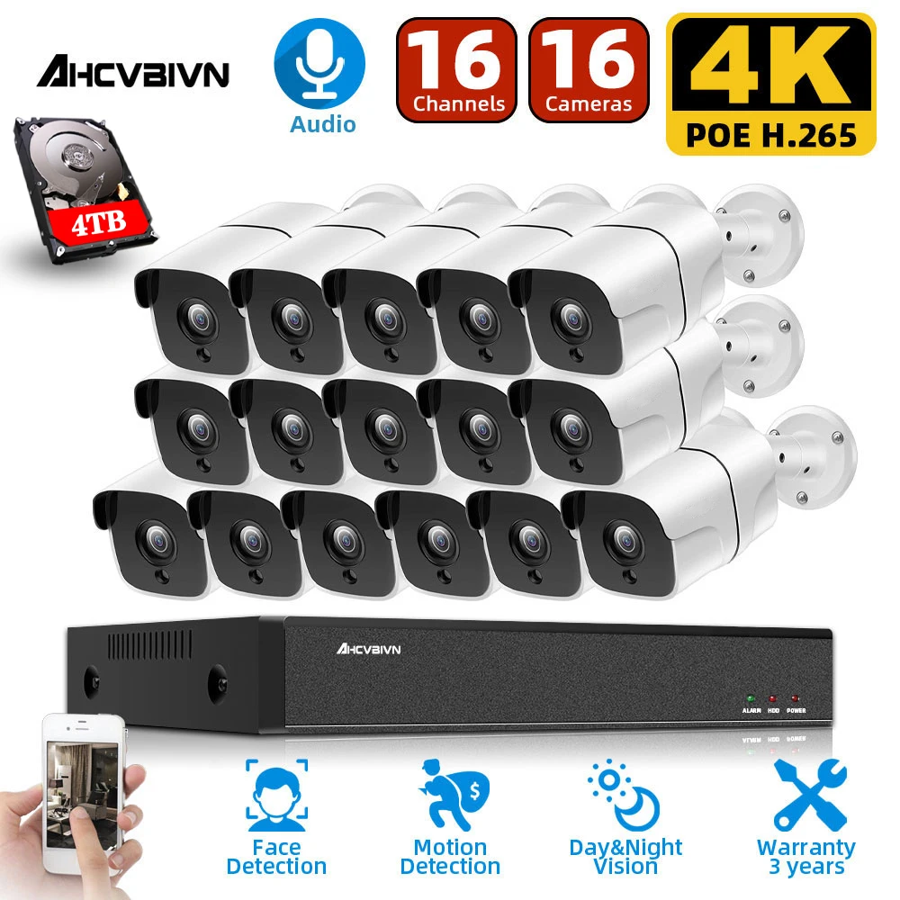 

H.265 4K 16CH 8MP AI Face POE NVR Kit 8MP security outdoor Weatherproof Audio Record POE IP Camera Video Surveillance set 4TB