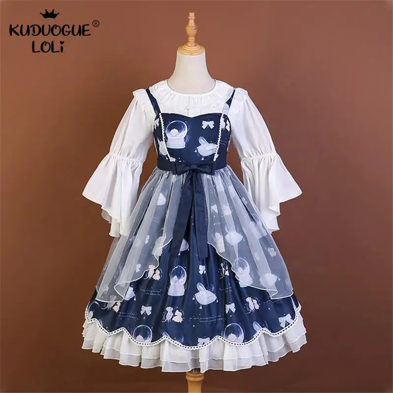 

Lolita JSK Dress Girls Suspender Strap Jumper Skirt Sweet Crystal Shoes Music Box Print Bow Ruffles Blue Navy Women Magic Night