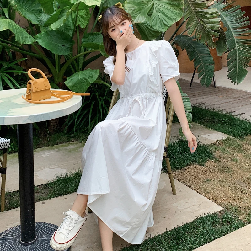 

Summer Clothes For Women French Hook Round Lace Puff Sleeve Loose Waist Ladies White Dresses Vestidos