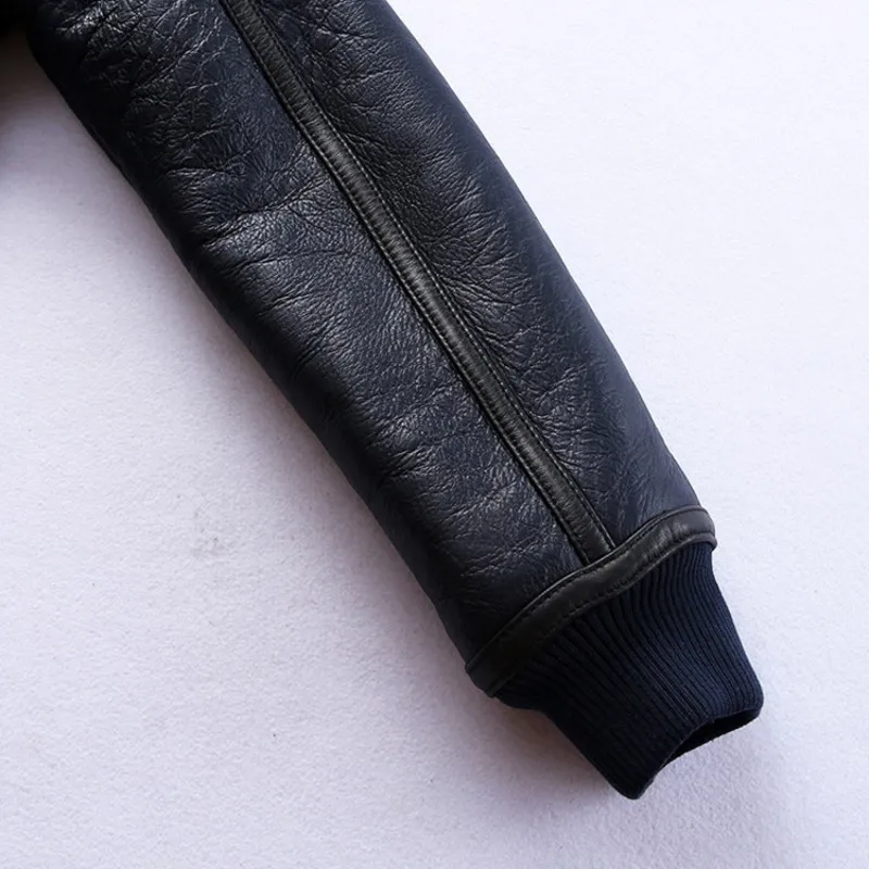 

Flight Luxury Jacket Shearling Men Winter 2021 Lapel Casual Real Fur Short Coat Warm Zip Slim Thick Outerwear S-3XL Dark Blue