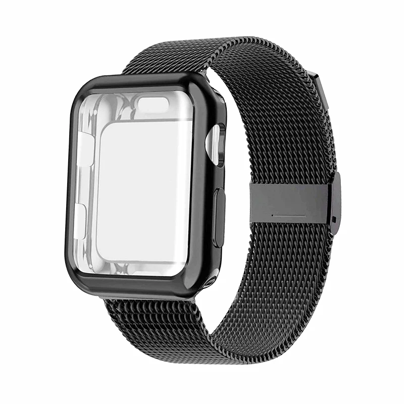 black Чехол+ ремешок для Apple Watch Band 44 мм 40 мм iWatch band 42 мм 38 мм браслет из нержавеющей стали Миланская петля Apple watch 5 4 3 2 1 40 - Цвет ремешка: black