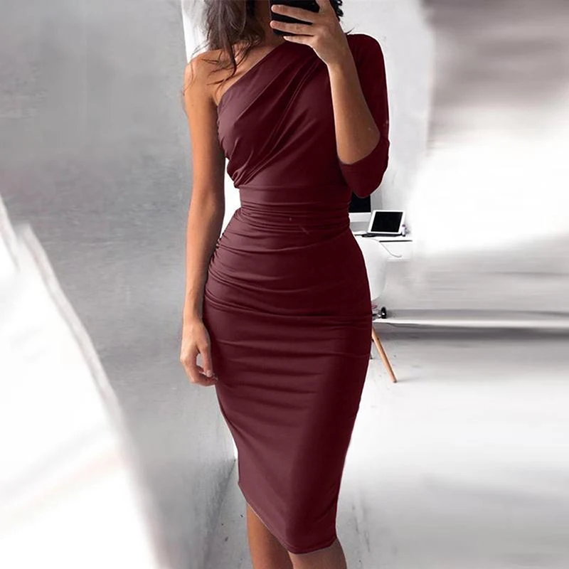 Vestido Midi ajustado informal elegante para mujer, vestido Sexy ajustado con un hombro al aire, ceñido a la cadera, novedad de 2021