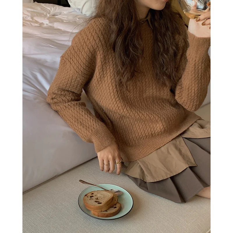 

Korean Style Lazy Round Neck Long-sleeved Blouse Pullover Women Fall 2021 Loose and Comfortable Slim Knit Sweater Women