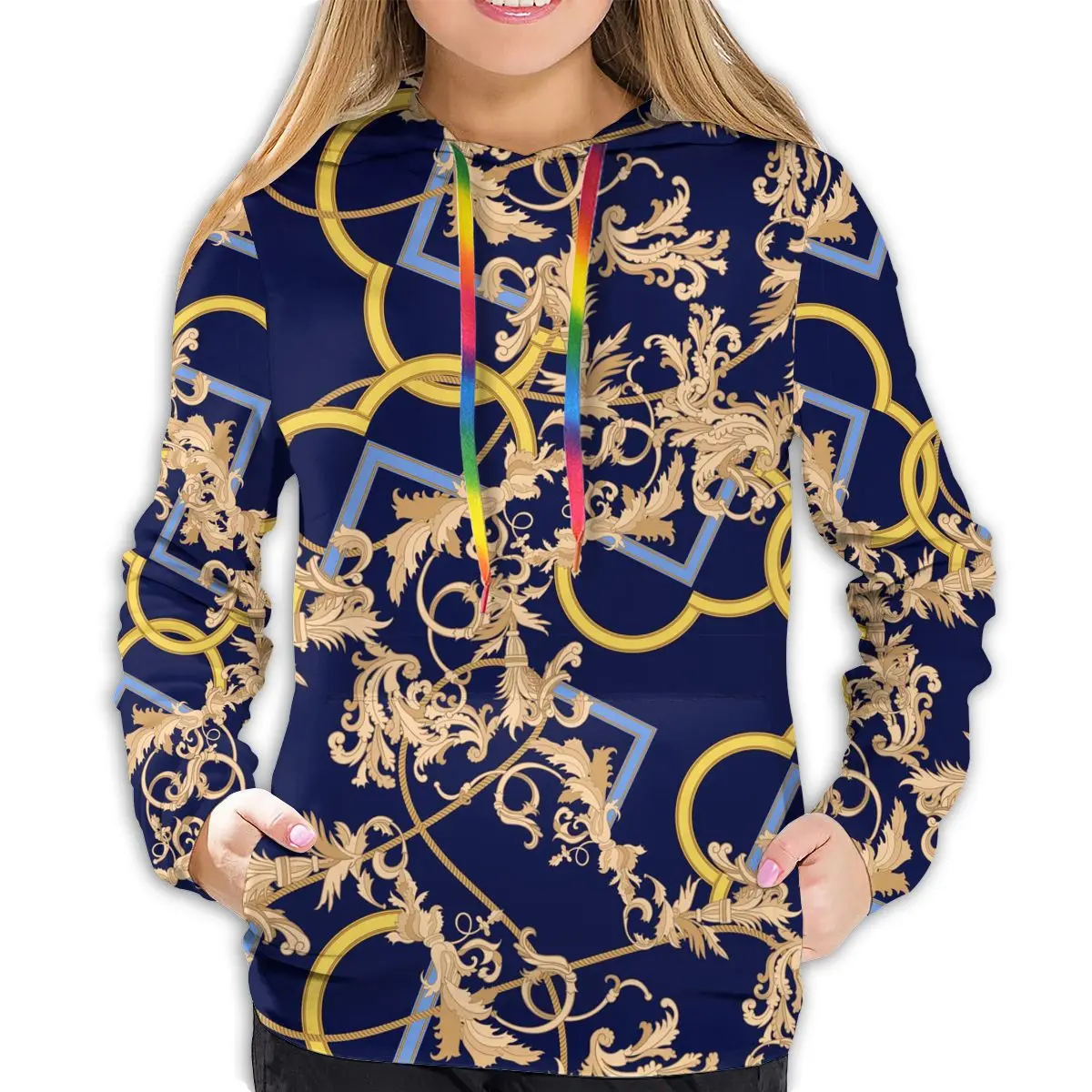 

NOISYDESIGNS Sweater Women Euporean Style Harajuku Women Hoodie Long Sleeve Top Golden Flower Prints Blue Hoddie For Woman