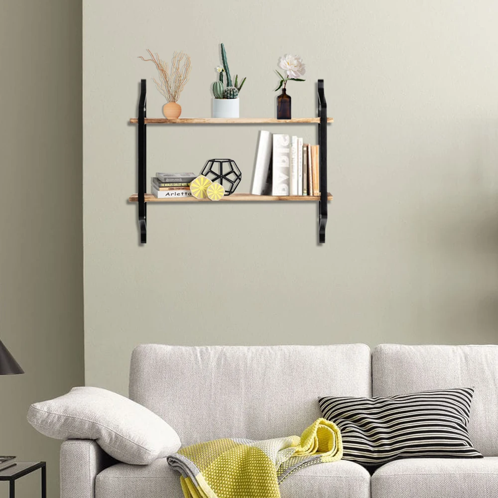 

2 Tiers Floating Shelves Wall Mounted Industrial Wall Shelves for Living Room Bedroom Kitchen Entryway Wood Storage Shelf