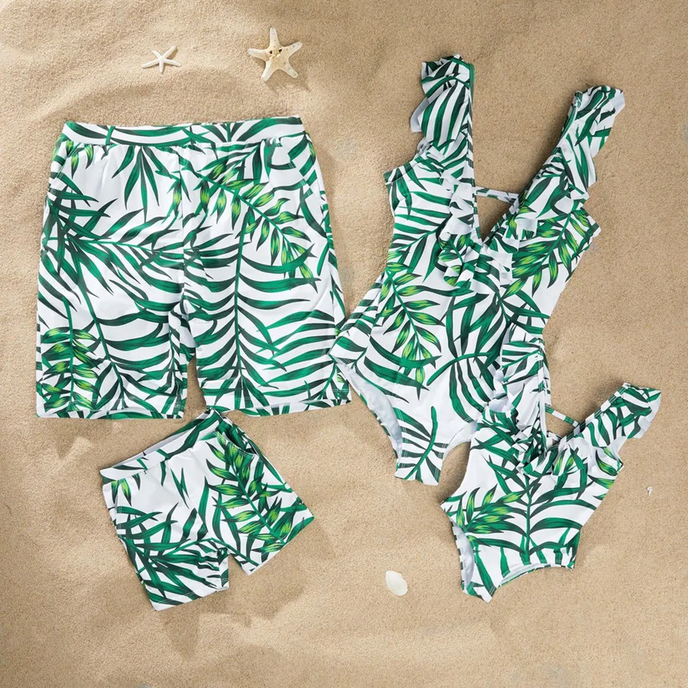 bunvel Family Look Bathing Suit Leaf Printed Fly Sleeve Baby Girls Women Swimwear Bikini Swimming Pool Trunks Briefs for Men Boy | Мать и