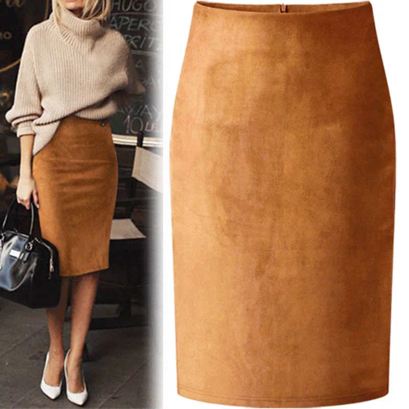 

Sexy Multi Color Suede Midi Pencil Skirt Women 2021 Fashion Elastic High Waist Office Lady Bodycon Skirts Saias