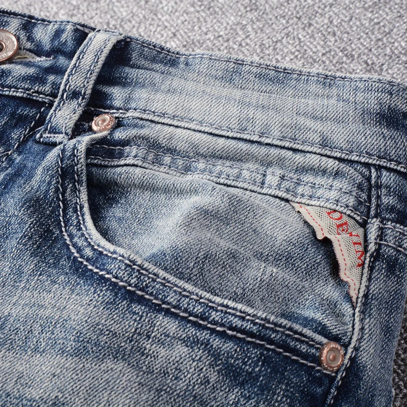 

Italian Style Fashion Men Jeans High Quality Retro Light Blue Elastic Cotton Slim Ripped Jeans Men Vintage Designer Denim Pants
