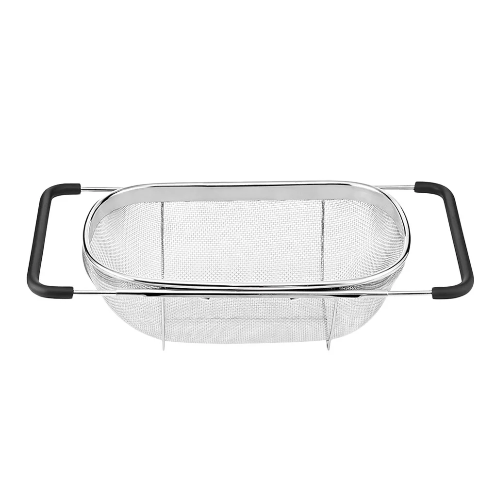 Cesta de drenaje retr&aacute;ctil manijas de agarre de goma de acero inoxidable ovalado fregadero de verduras estante de drenaje-2