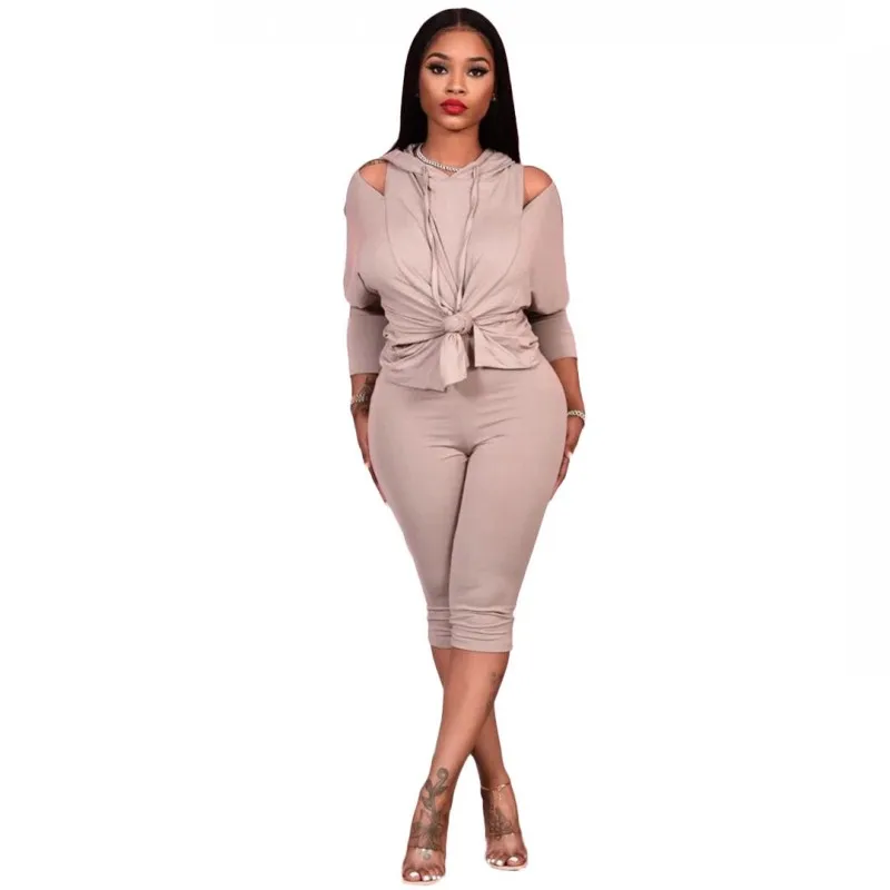 

Two Piece Women's Sets Casual Hooded Split Tops And Calf Pants Outfits Suit 2021 Fashion Solid Color Sexy Hollow Lounge Wear Set