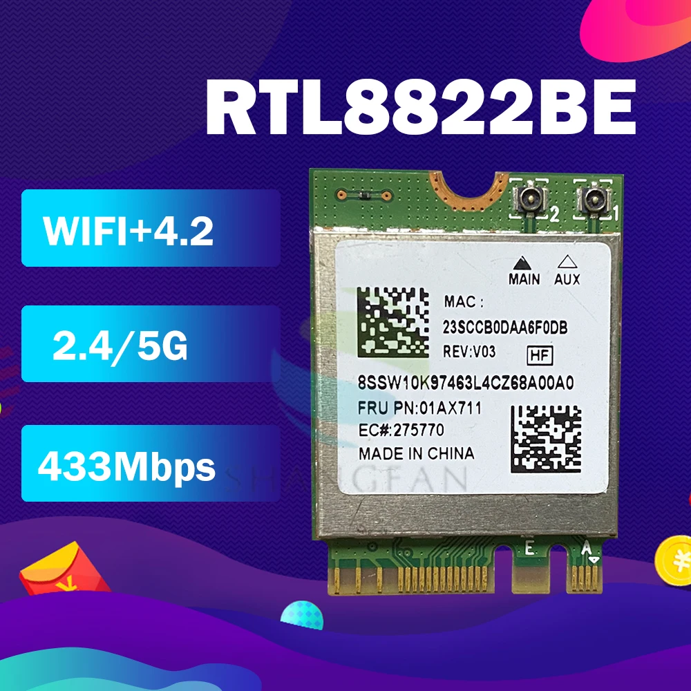 

AC WIFI Adapter for RTL8822BE NGFF M.2 802.11ac 2.4G/5GHz Wireless Wifi Card+Bluetooth 4.1 FRU: 01AX711 01AX712 For Thinkpad